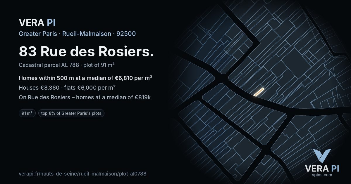 83 Rue des Rosiers, Rueil-Malmaison at night – the plot lit, the parcels around coloured by the prices near them