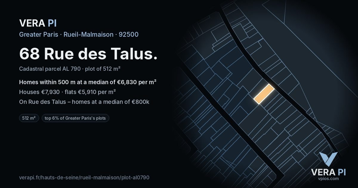 68 Rue des Talus, Rueil-Malmaison at night – the plot lit, the parcels around coloured by the prices near them