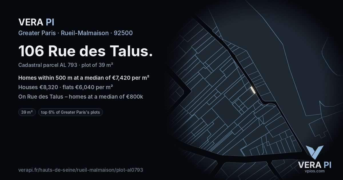 106 Rue des Talus, Rueil-Malmaison at night – the plot lit, the parcels around coloured by the prices near them