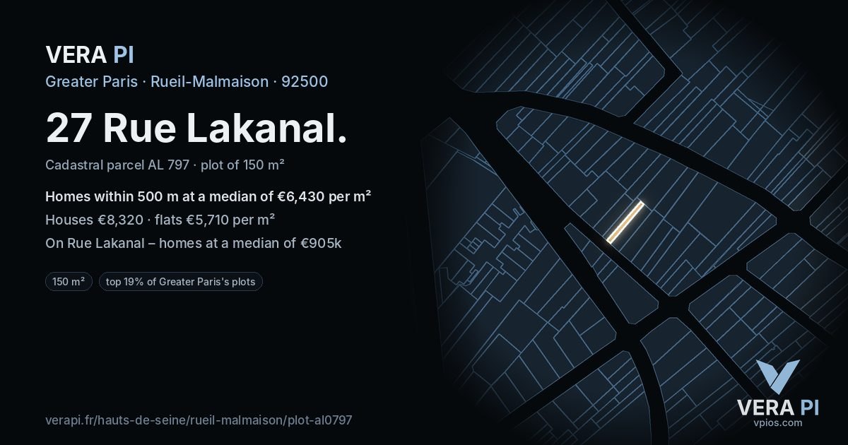 27 Rue Lakanal, Rueil-Malmaison at night – the plot lit, the parcels around coloured by the prices near them