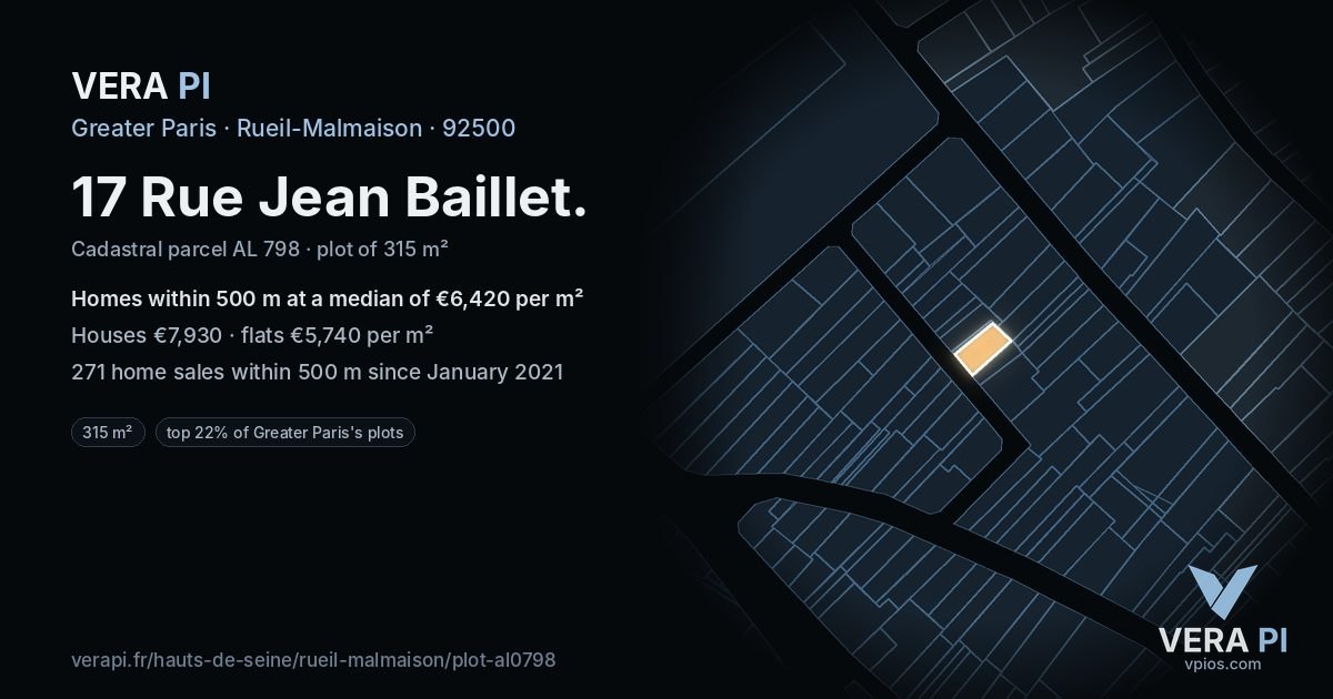 17 Rue Jean Baillet, Rueil-Malmaison at night – the plot lit, the parcels around coloured by the prices near them
