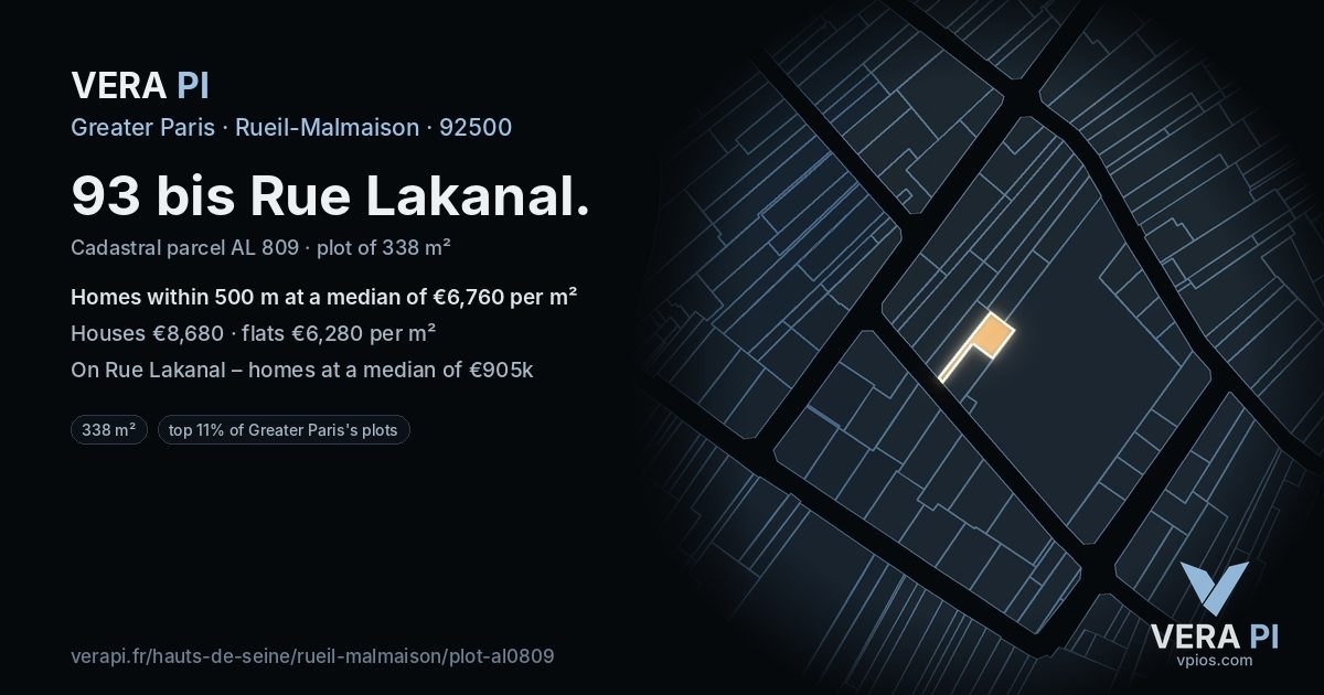 93 bis Rue Lakanal, Rueil-Malmaison at night – the plot lit, the parcels around coloured by the prices near them