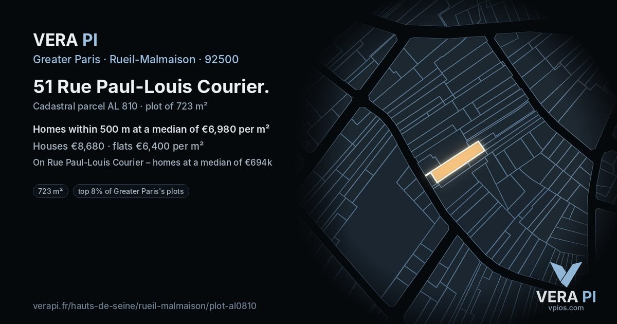 51 Rue Paul-Louis Courier, Rueil-Malmaison at night – the plot lit, the parcels around coloured by the prices near them
