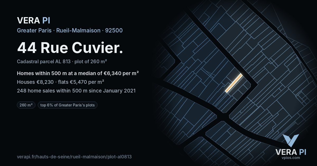 44 Rue Cuvier, Rueil-Malmaison at night – the plot lit, the parcels around coloured by the prices near them