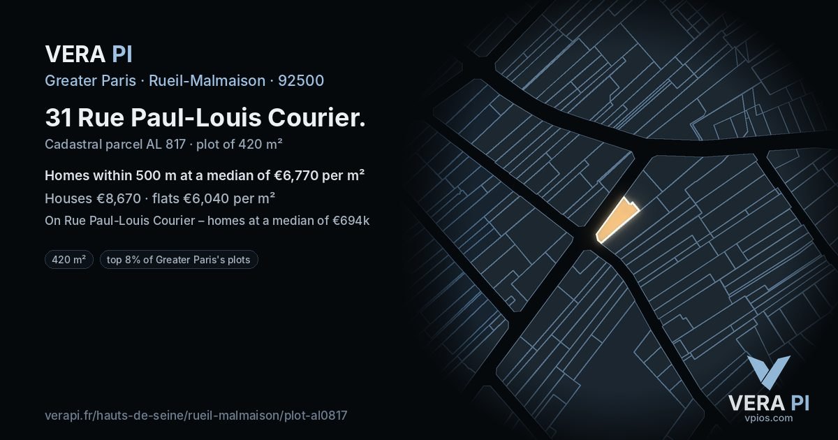 31 Rue Paul-Louis Courier, Rueil-Malmaison at night – the plot lit, the parcels around coloured by the prices near them