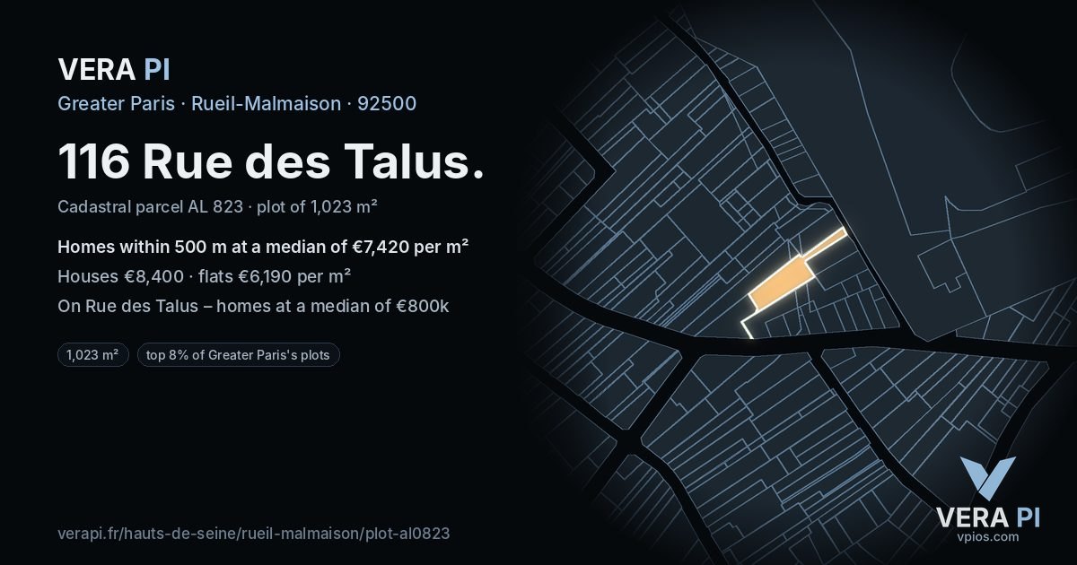 116 Rue des Talus, Rueil-Malmaison at night – the plot lit, the parcels around coloured by the prices near them