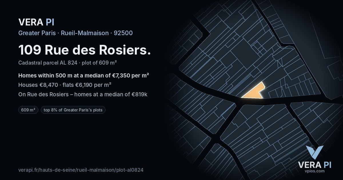 109 Rue des Rosiers, Rueil-Malmaison at night – the plot lit, the parcels around coloured by the prices near them