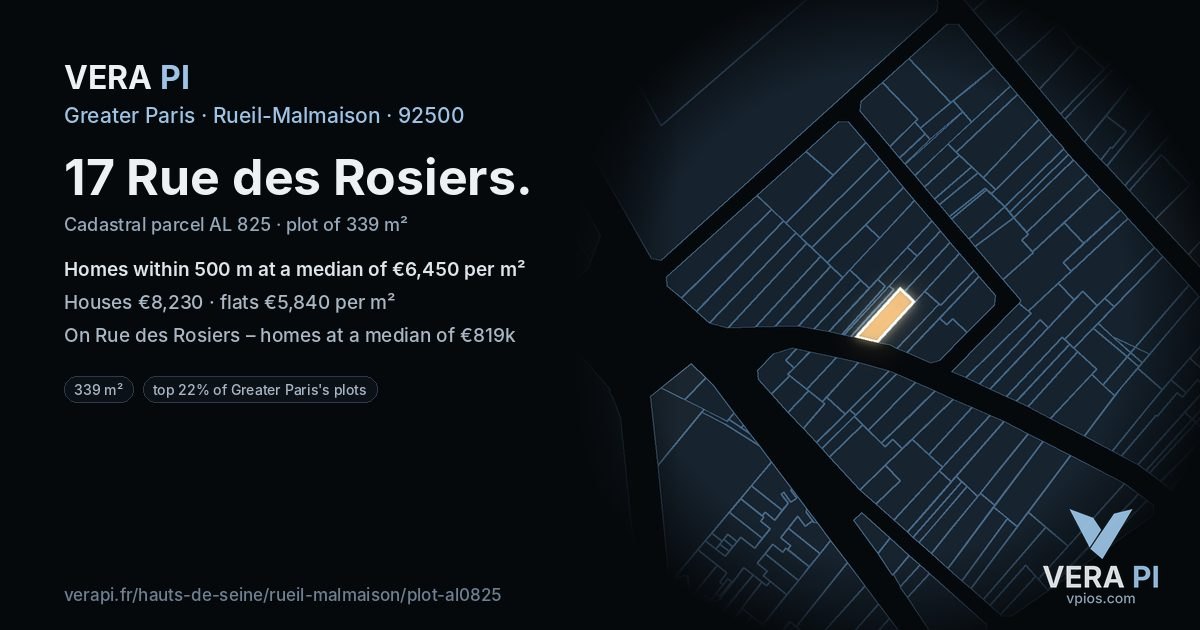 17 Rue des Rosiers, Rueil-Malmaison at night – the plot lit, the parcels around coloured by the prices near them