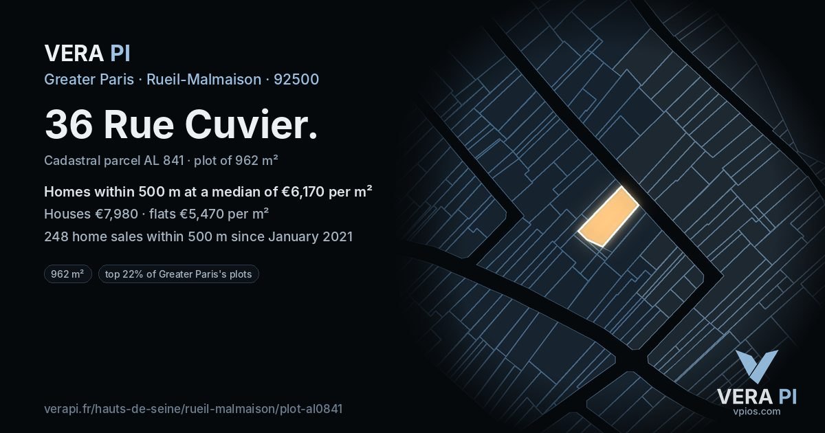 36 Rue Cuvier, Rueil-Malmaison at night – the plot lit, the parcels around coloured by the prices near them
