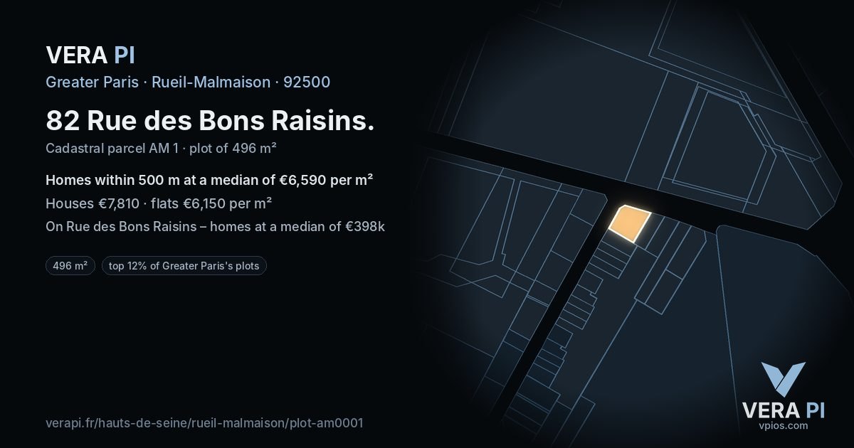 82 Rue des Bons Raisins, Rueil-Malmaison at night – the plot lit, the parcels around coloured by the prices near them