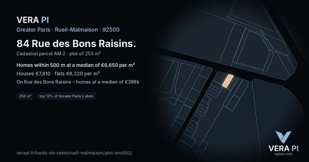 84 Rue des Bons Raisins, Rueil-Malmaison at night – the plot lit, the parcels around coloured by the prices near them