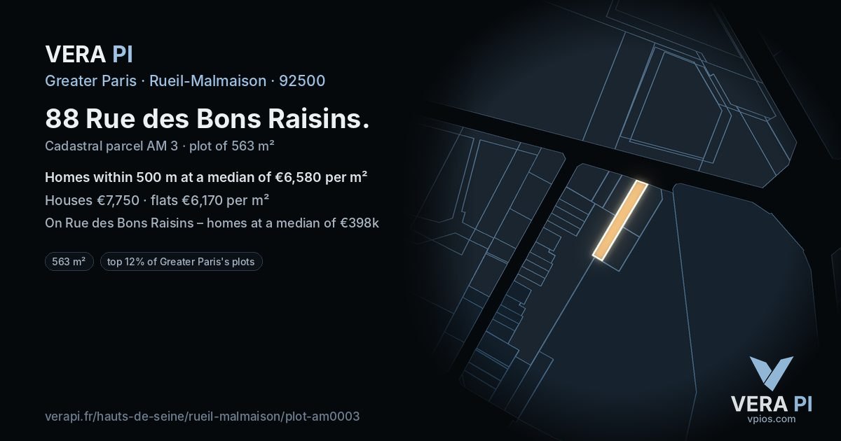 88 Rue des Bons Raisins, Rueil-Malmaison at night – the plot lit, the parcels around coloured by the prices near them