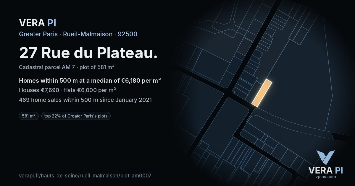 27 Rue du Plateau, Rueil-Malmaison at night – the plot lit, the parcels around coloured by the prices near them
