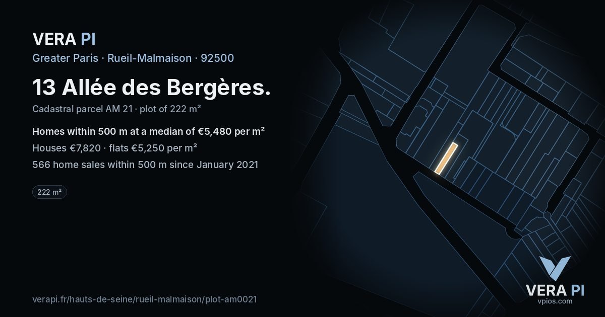 13 Allée des Bergères, Rueil-Malmaison at night – the plot lit, the parcels around coloured by the prices near them