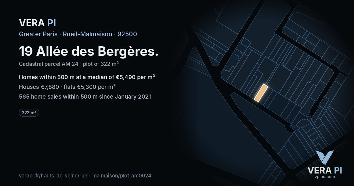 19 Allée des Bergères, Rueil-Malmaison at night – the plot lit, the parcels around coloured by the prices near them