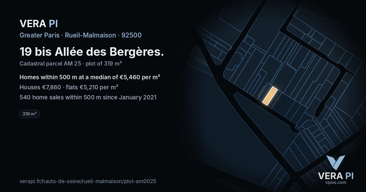 19 bis Allée des Bergères, Rueil-Malmaison at night – the plot lit, the parcels around coloured by the prices near them