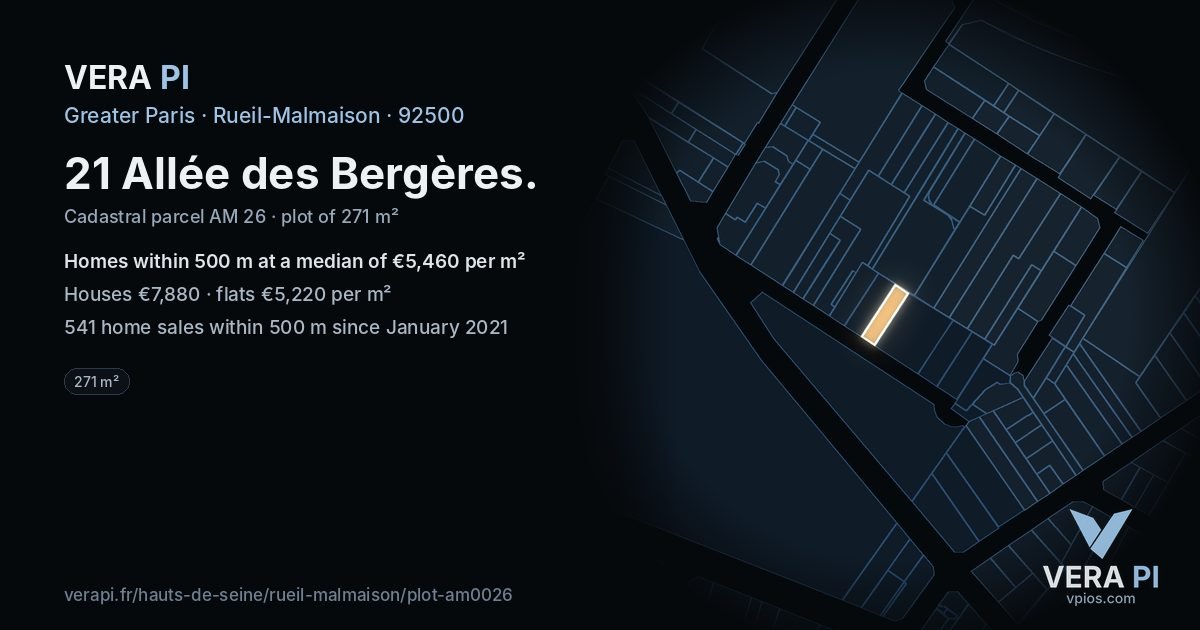 21 Allée des Bergères, Rueil-Malmaison at night – the plot lit, the parcels around coloured by the prices near them