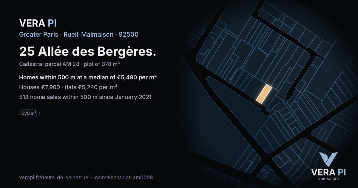25 Allée des Bergères, Rueil-Malmaison at night – the plot lit, the parcels around coloured by the prices near them