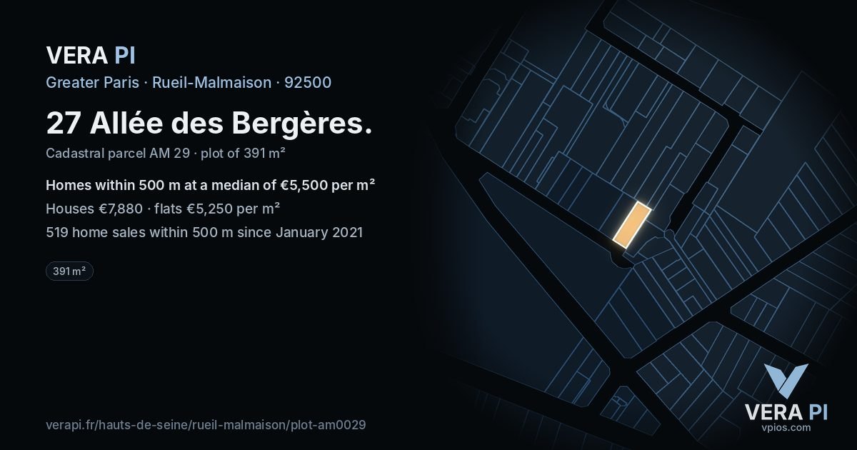 27 Allée des Bergères, Rueil-Malmaison at night – the plot lit, the parcels around coloured by the prices near them