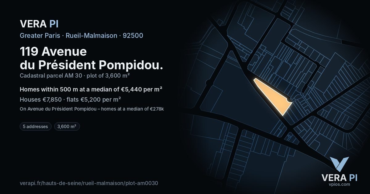 119 Avenue du Président Pompidou, Rueil-Malmaison at night – the plot lit, the parcels around coloured by the prices near them