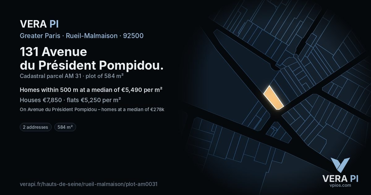 131 Avenue du Président Pompidou, Rueil-Malmaison at night – the plot lit, the parcels around coloured by the prices near them