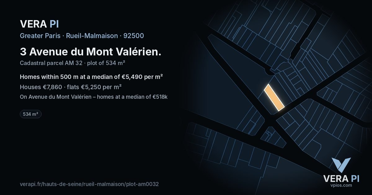 3 Avenue du Mont Valérien, Rueil-Malmaison at night – the plot lit, the parcels around coloured by the prices near them