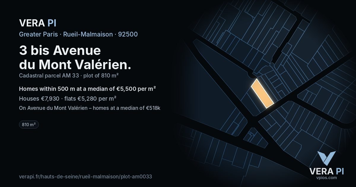 3 bis Avenue du Mont Valérien, Rueil-Malmaison at night – the plot lit, the parcels around coloured by the prices near them