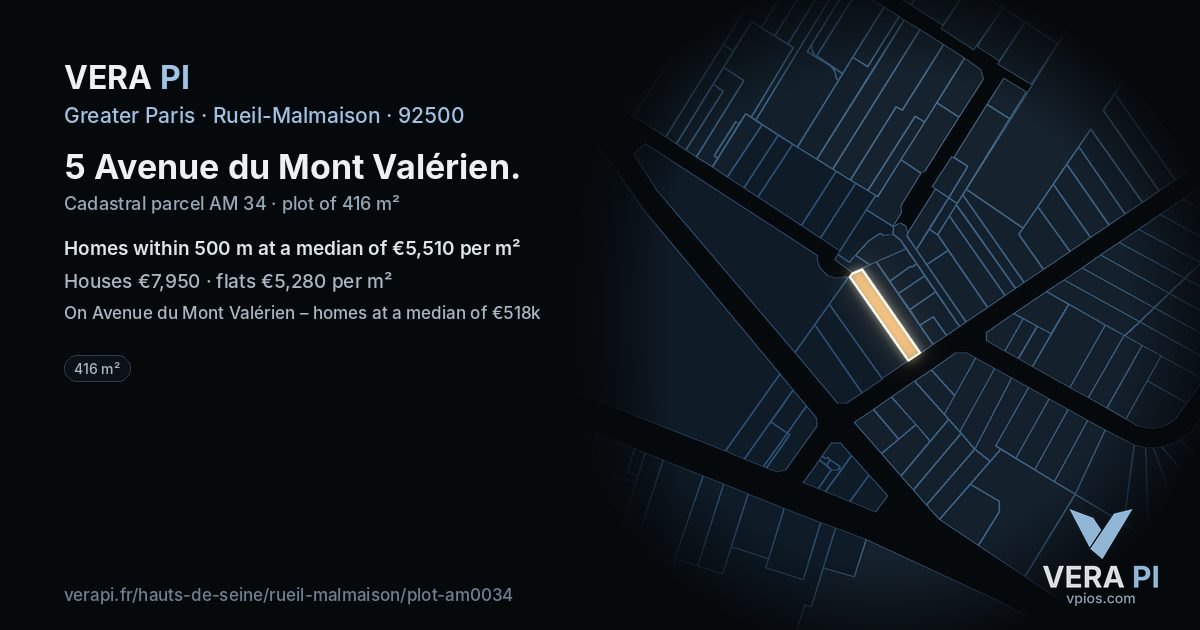 5 Avenue du Mont Valérien, Rueil-Malmaison at night – the plot lit, the parcels around coloured by the prices near them