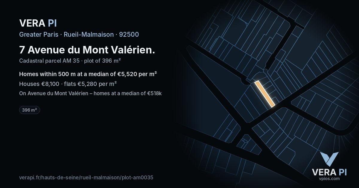 7 Avenue du Mont Valérien, Rueil-Malmaison at night – the plot lit, the parcels around coloured by the prices near them