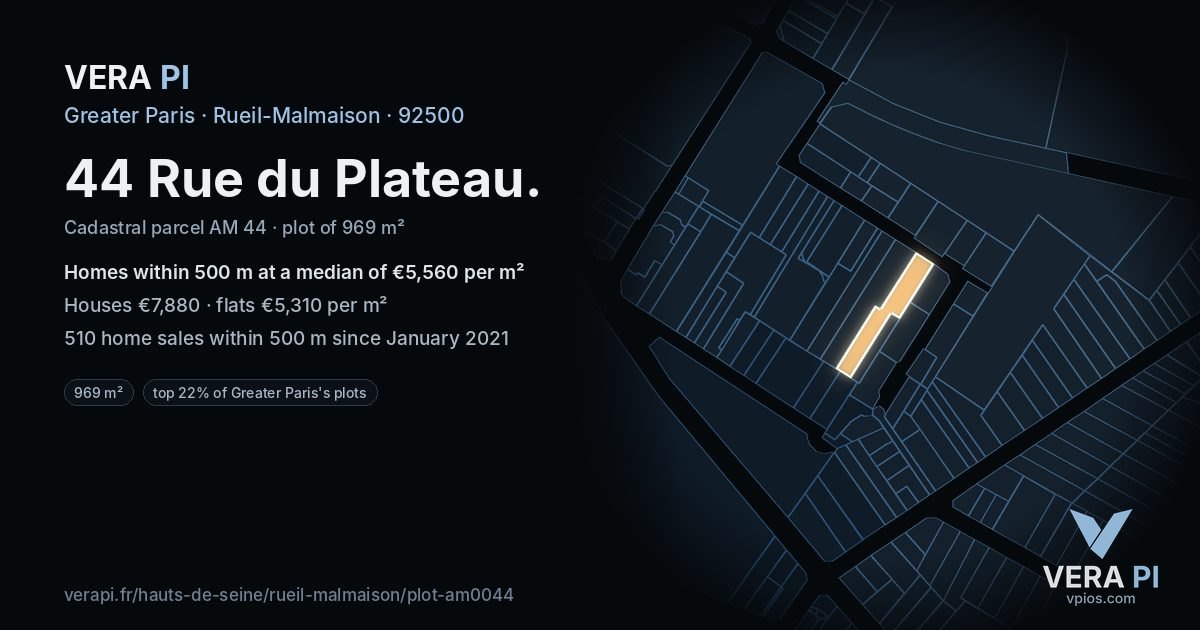 44 Rue du Plateau, Rueil-Malmaison at night – the plot lit, the parcels around coloured by the prices near them