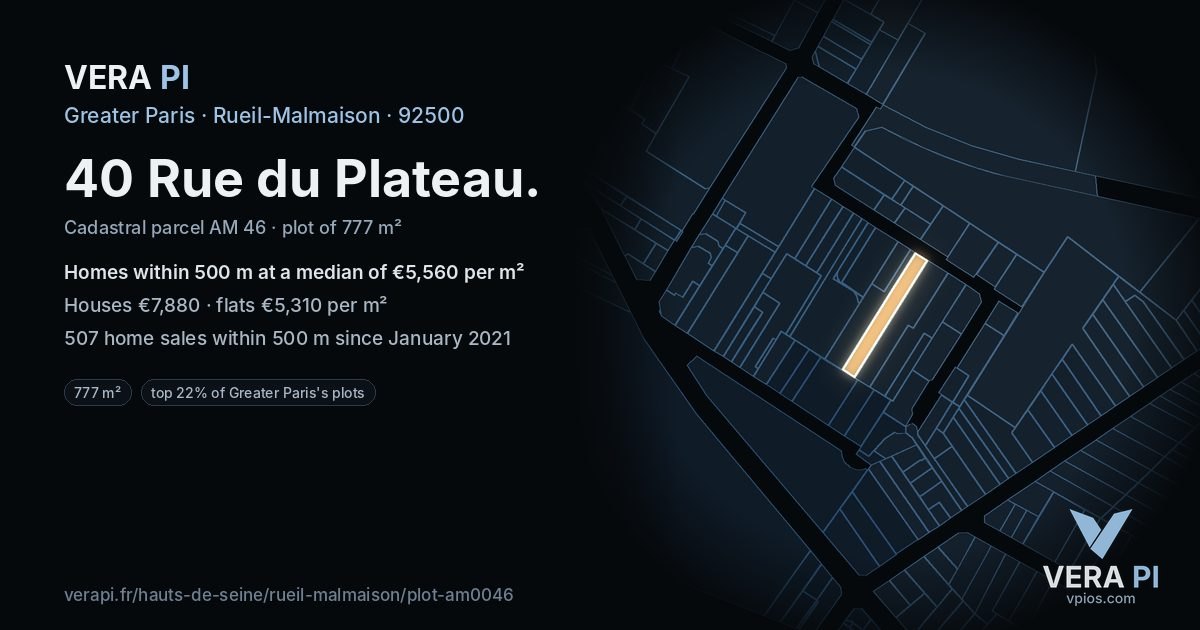 40 Rue du Plateau, Rueil-Malmaison at night – the plot lit, the parcels around coloured by the prices near them