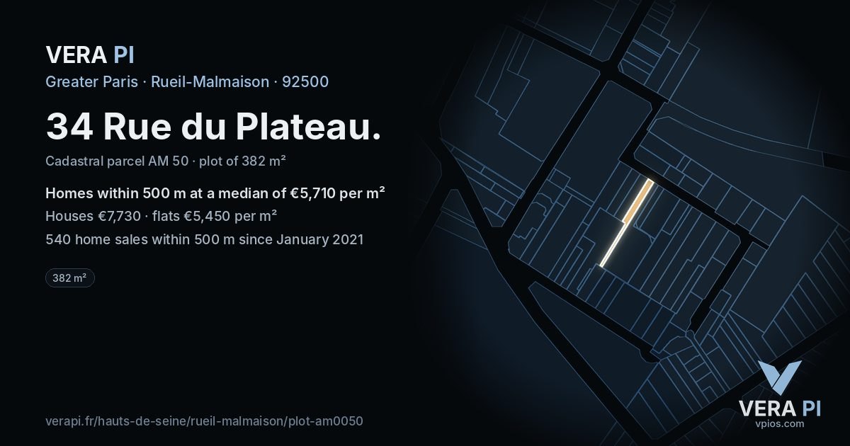 34 Rue du Plateau, Rueil-Malmaison at night – the plot lit, the parcels around coloured by the prices near them