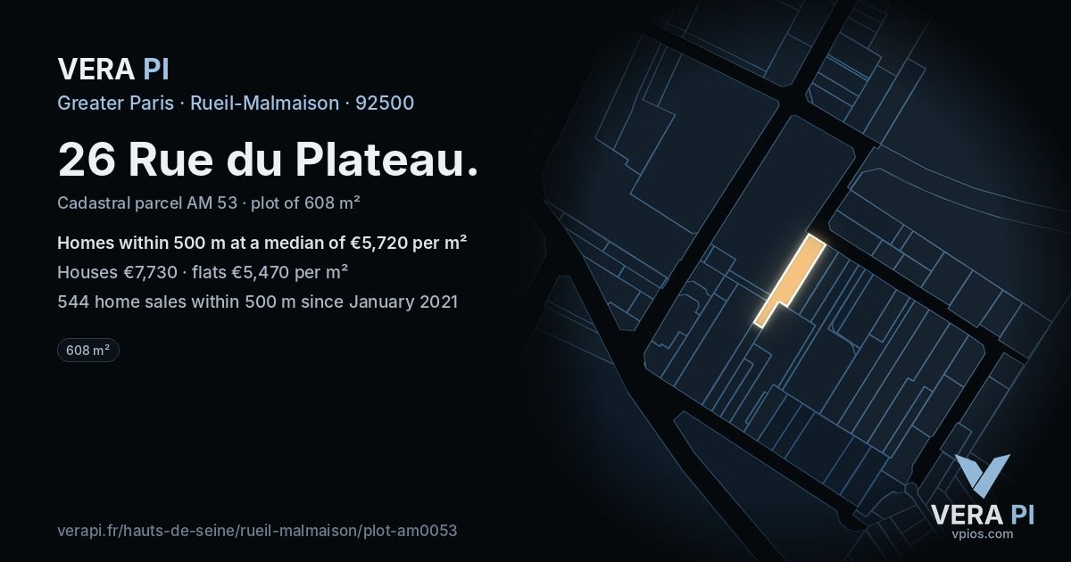 26 Rue du Plateau, Rueil-Malmaison at night – the plot lit, the parcels around coloured by the prices near them