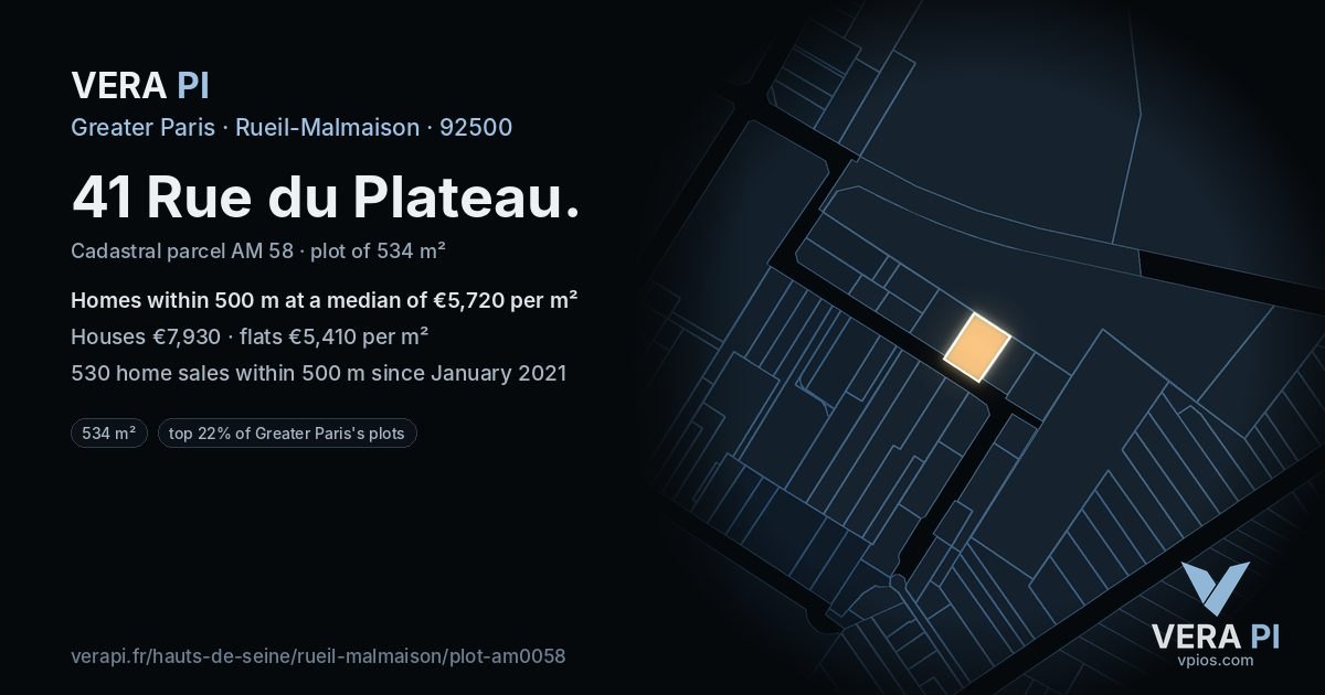 41 Rue du Plateau, Rueil-Malmaison at night – the plot lit, the parcels around coloured by the prices near them