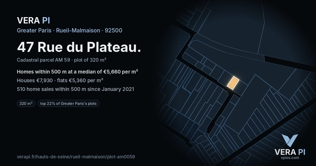 47 Rue du Plateau, Rueil-Malmaison at night – the plot lit, the parcels around coloured by the prices near them