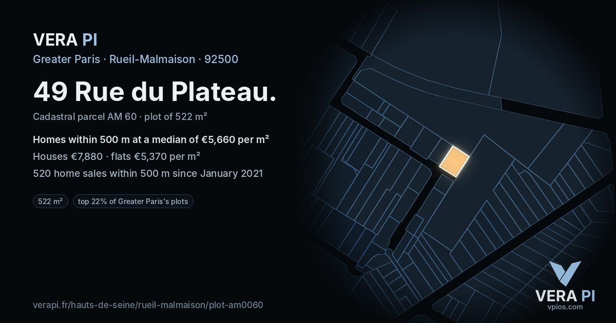 49 Rue du Plateau, Rueil-Malmaison at night – the plot lit, the parcels around coloured by the prices near them