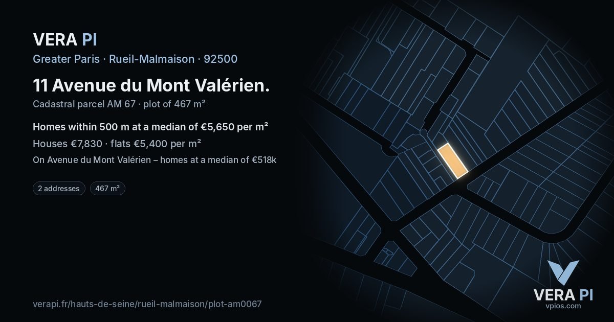 11 Avenue du Mont Valérien, Rueil-Malmaison at night – the plot lit, the parcels around coloured by the prices near them