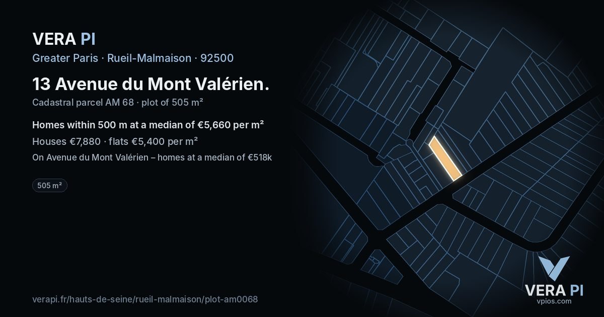 13 Avenue du Mont Valérien, Rueil-Malmaison at night – the plot lit, the parcels around coloured by the prices near them