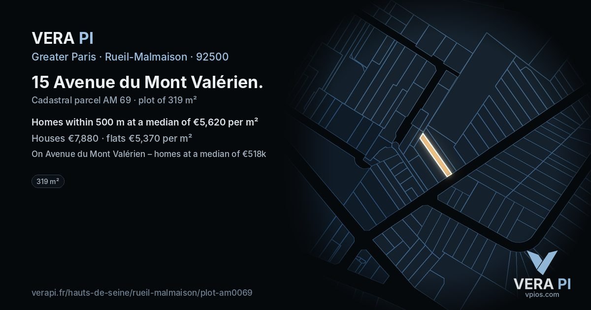 15 Avenue du Mont Valérien, Rueil-Malmaison at night – the plot lit, the parcels around coloured by the prices near them