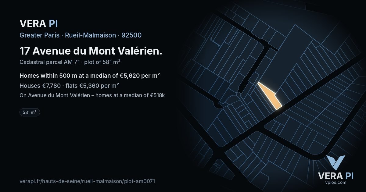 17 Avenue du Mont Valérien, Rueil-Malmaison at night – the plot lit, the parcels around coloured by the prices near them