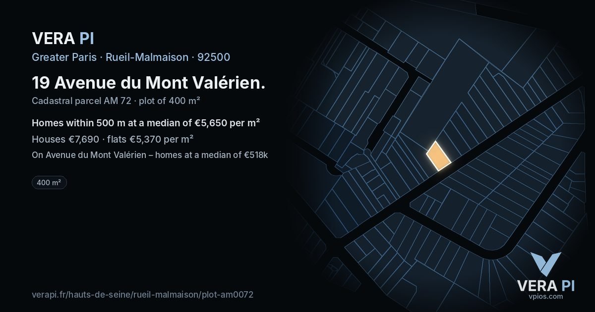 19 Avenue du Mont Valérien, Rueil-Malmaison at night – the plot lit, the parcels around coloured by the prices near them