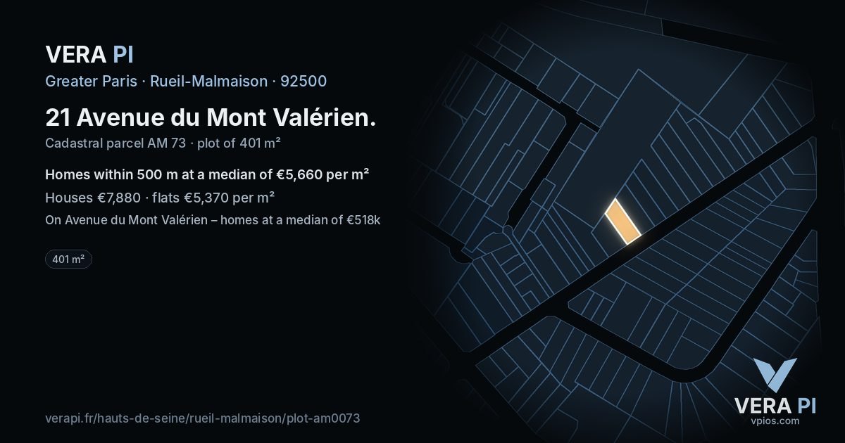 21 Avenue du Mont Valérien, Rueil-Malmaison at night – the plot lit, the parcels around coloured by the prices near them