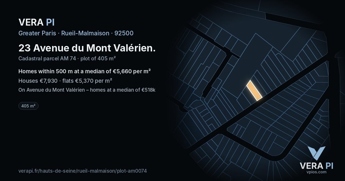 23 Avenue du Mont Valérien, Rueil-Malmaison at night – the plot lit, the parcels around coloured by the prices near them