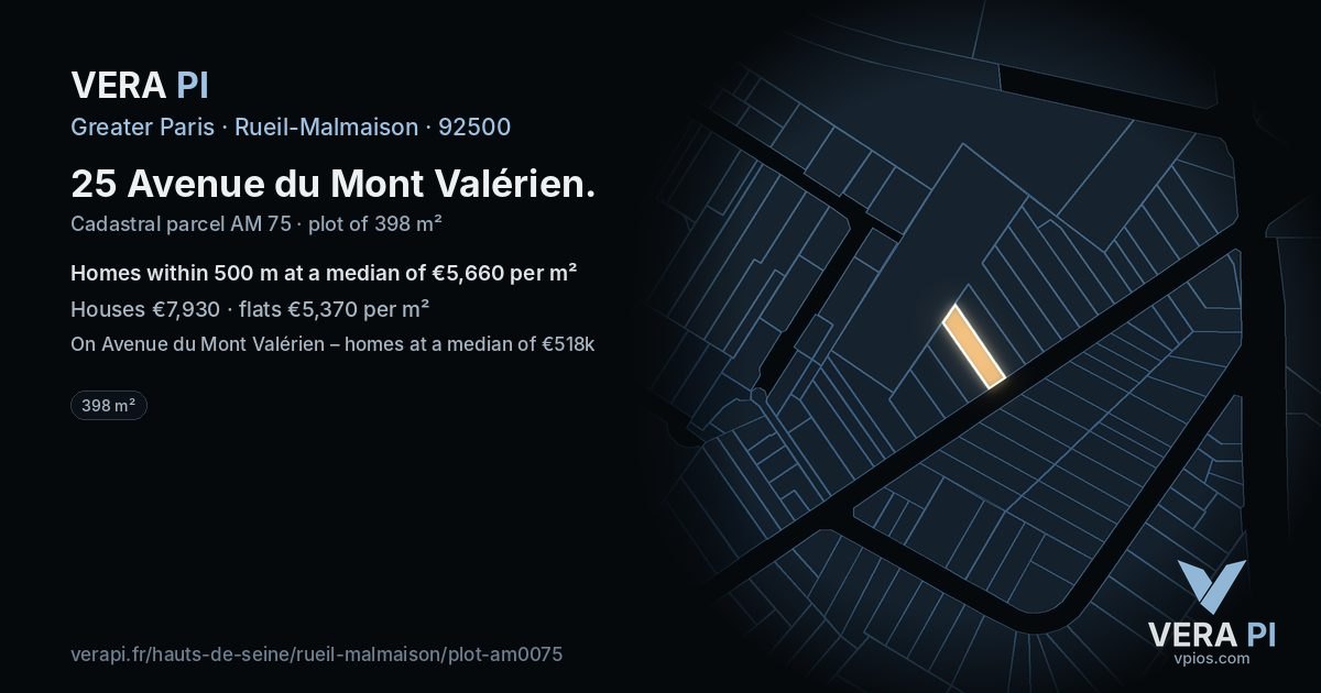 25 Avenue du Mont Valérien, Rueil-Malmaison at night – the plot lit, the parcels around coloured by the prices near them