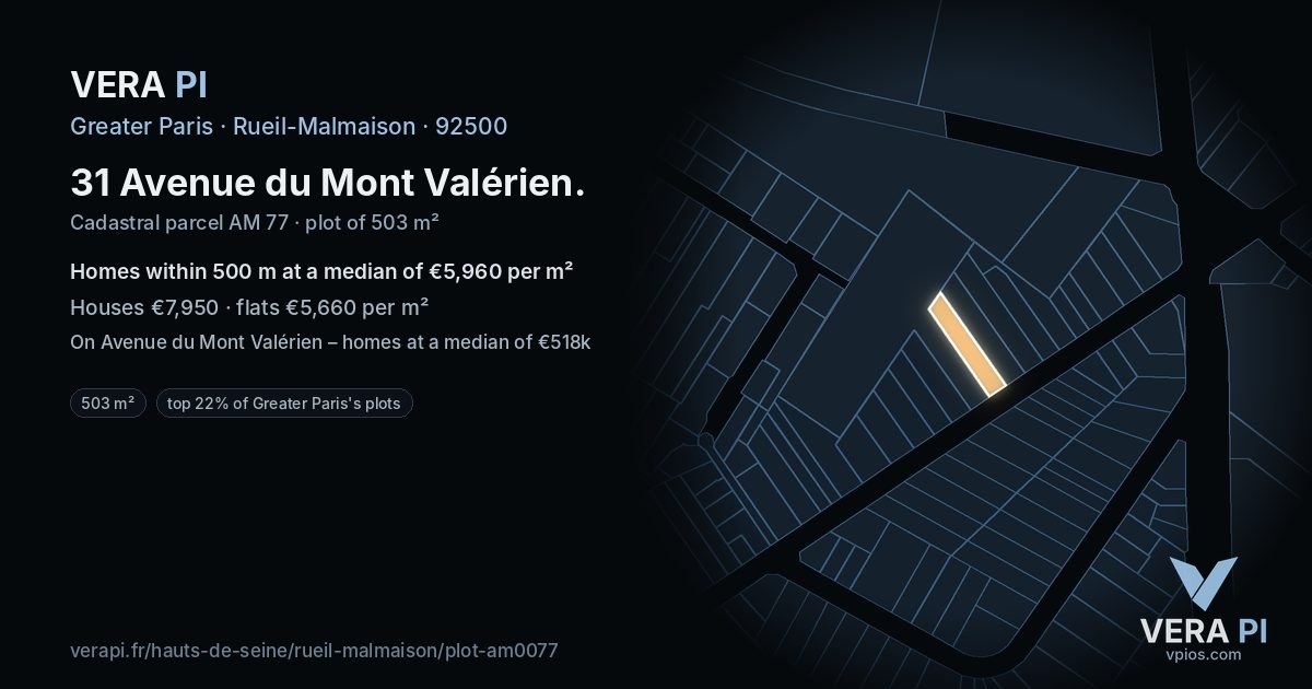 31 Avenue du Mont Valérien, Rueil-Malmaison at night – the plot lit, the parcels around coloured by the prices near them