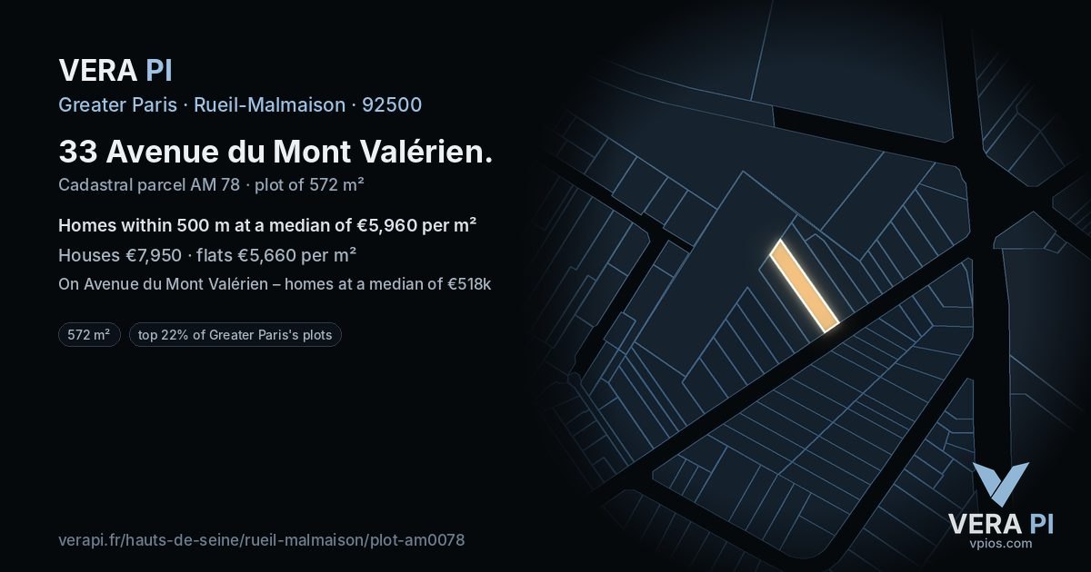 33 Avenue du Mont Valérien, Rueil-Malmaison at night – the plot lit, the parcels around coloured by the prices near them