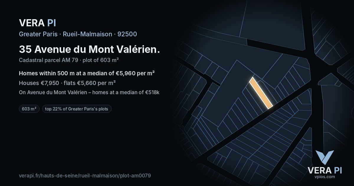 35 Avenue du Mont Valérien, Rueil-Malmaison at night – the plot lit, the parcels around coloured by the prices near them