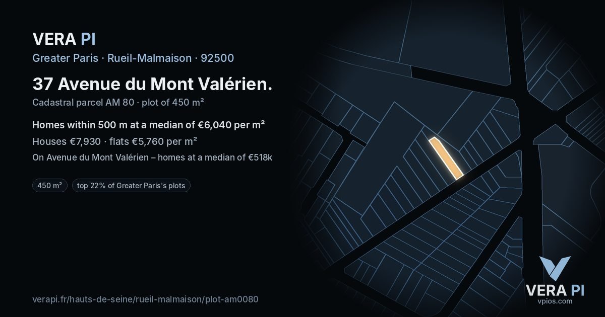 37 Avenue du Mont Valérien, Rueil-Malmaison at night – the plot lit, the parcels around coloured by the prices near them
