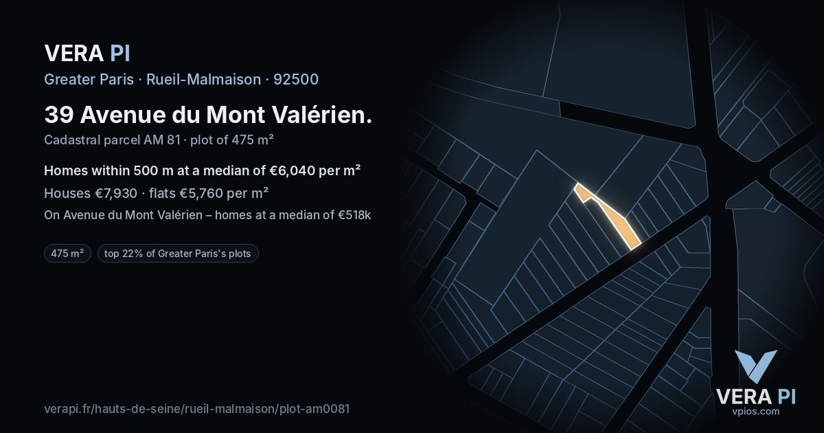 39 Avenue du Mont Valérien, Rueil-Malmaison at night – the plot lit, the parcels around coloured by the prices near them