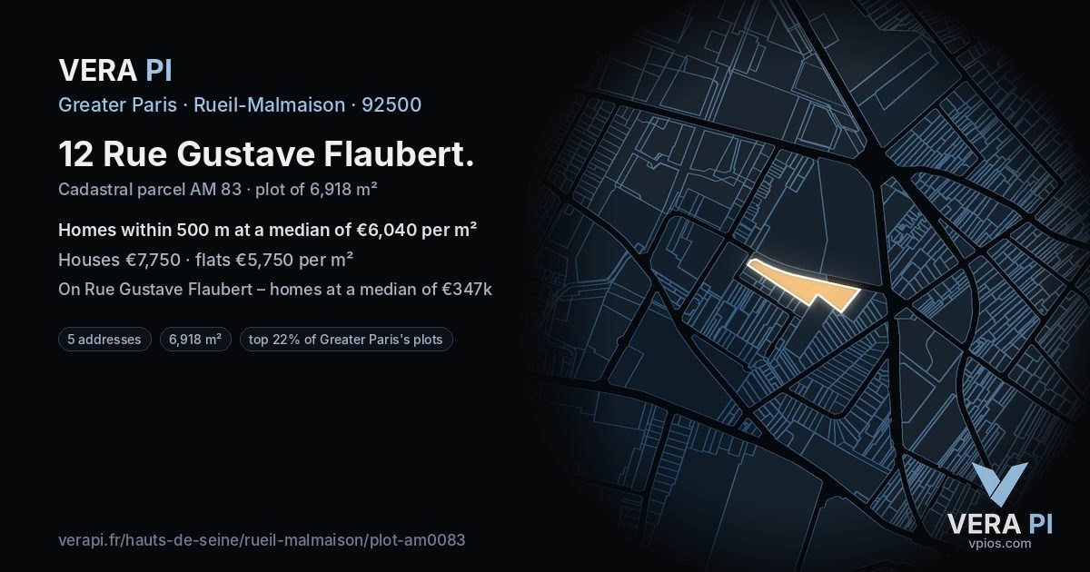 12 Rue Gustave Flaubert, Rueil-Malmaison at night – the plot lit, the parcels around coloured by the prices near them